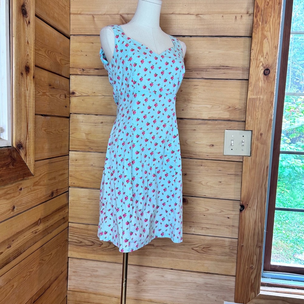 Vintage Floral Rose Print Sweetheart Mini Sundress Women Size Medium Blue Plum